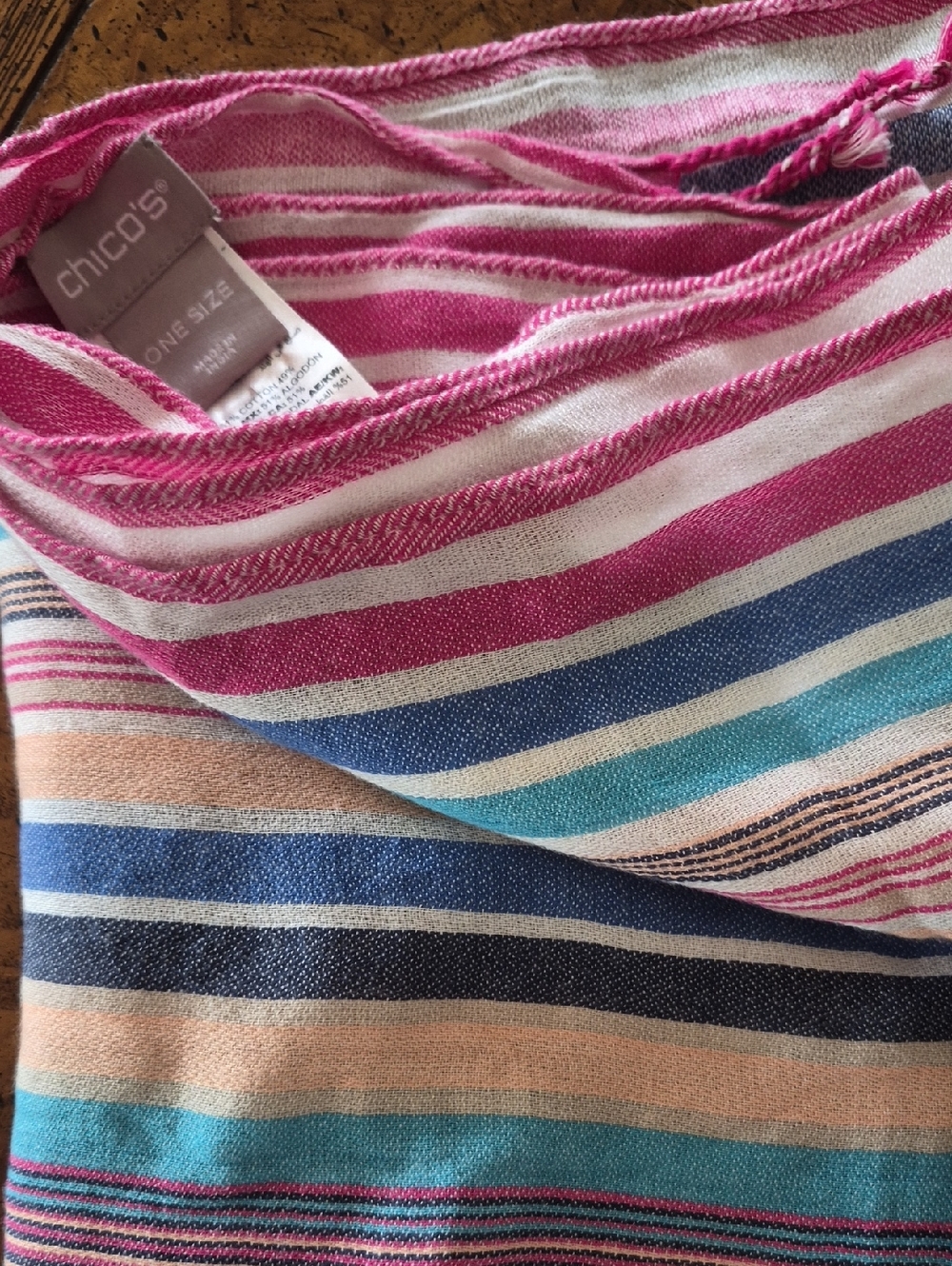 Chico's Vibrant Striped Knit Scarf in Pink, Blue, Teal and Peach